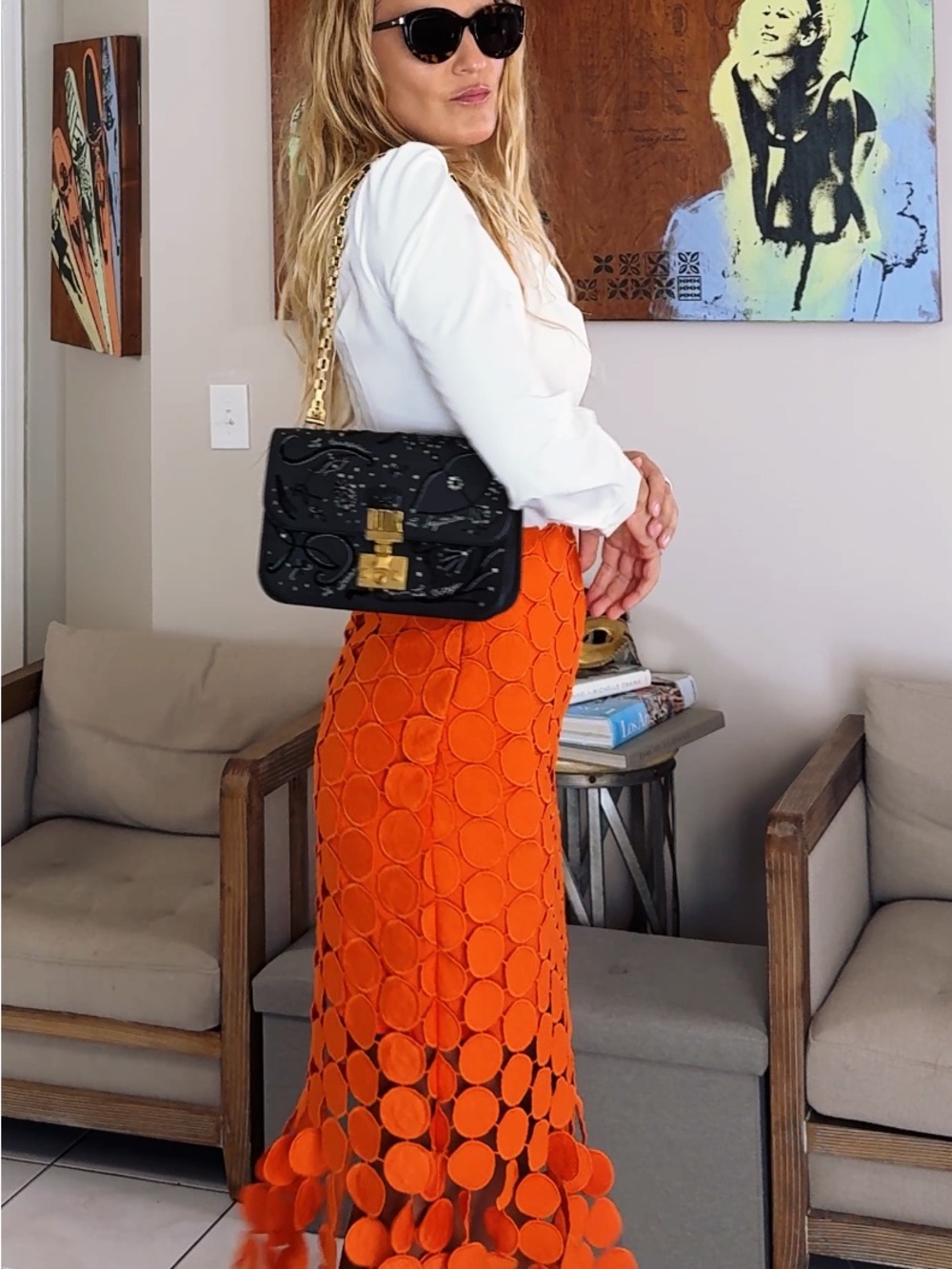 Orange Midi Skirt with Circle-Detail Fringe - Picture 7 of 9